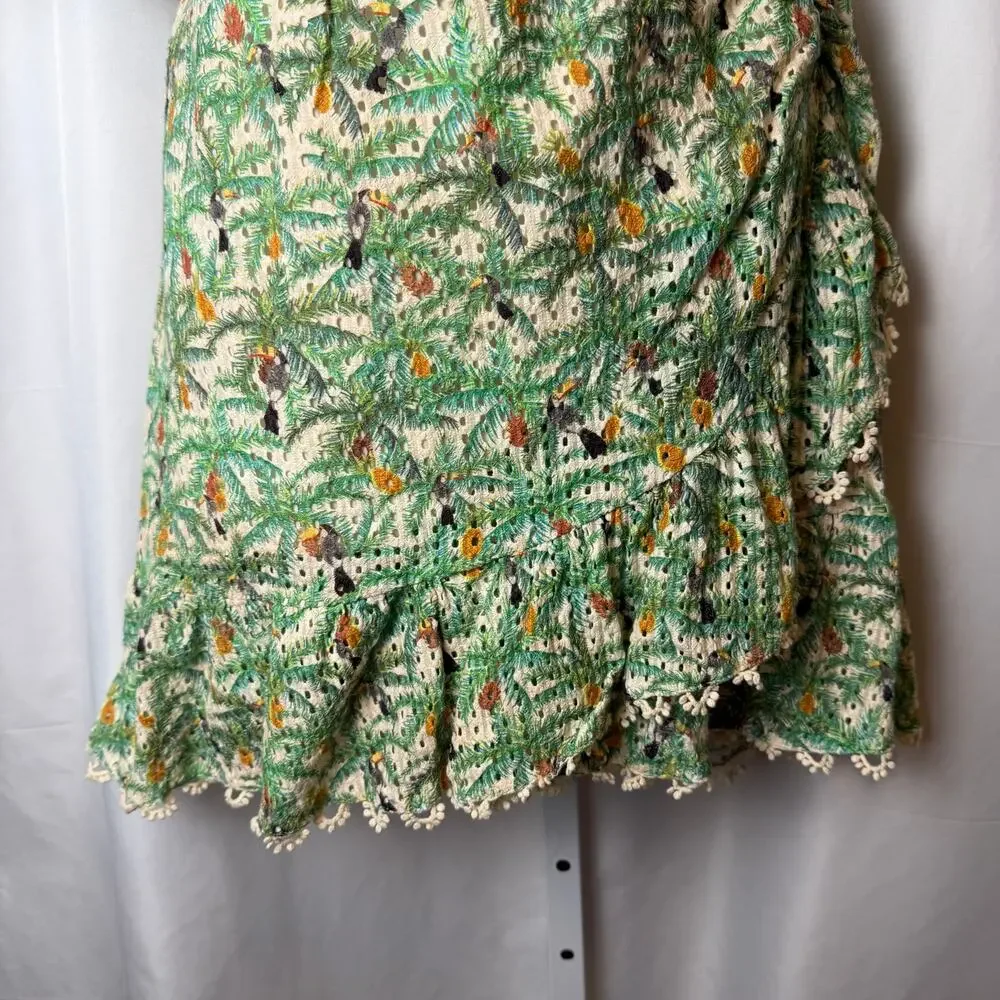 Farm Rio Mini Toucans One Shoulder Dress XL Tropical Resort Lined Ruffle Texture